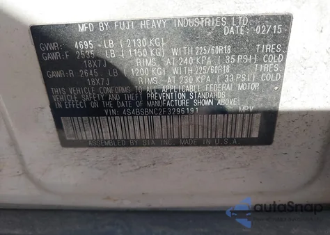 2015 Subaru Outback 2.5I Limited from USA, damaged, VIN 4S4BSBNC2F3296191